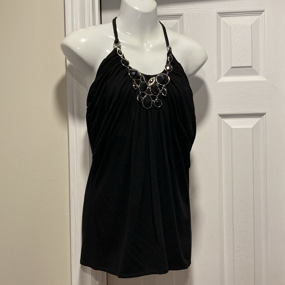 WHBM Black Jewelled Bodice Statement Stretch Halter Top W/Tying Strings - Sz L